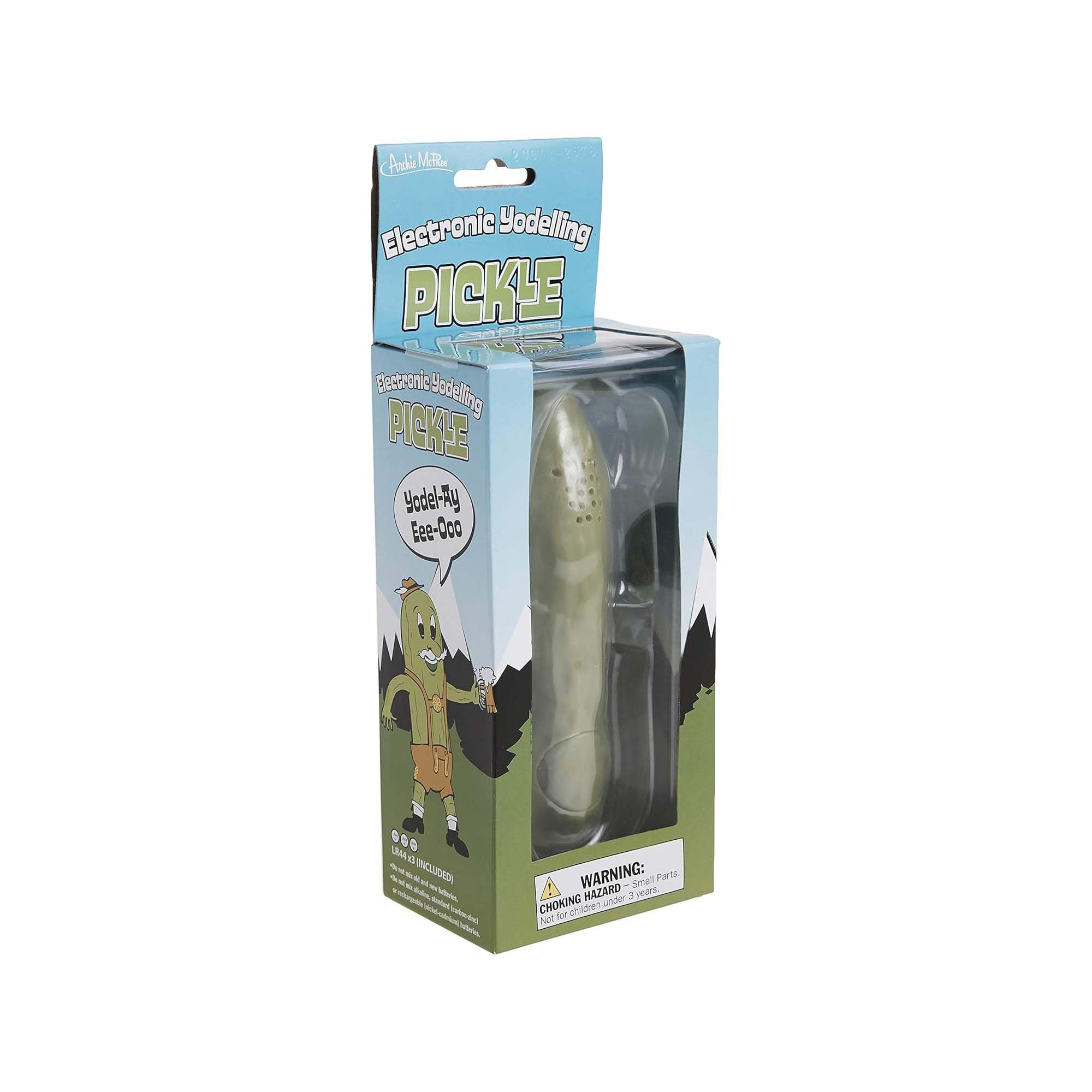 Archie McPhee Yodeling Pickle button press for instant playful entertainment.