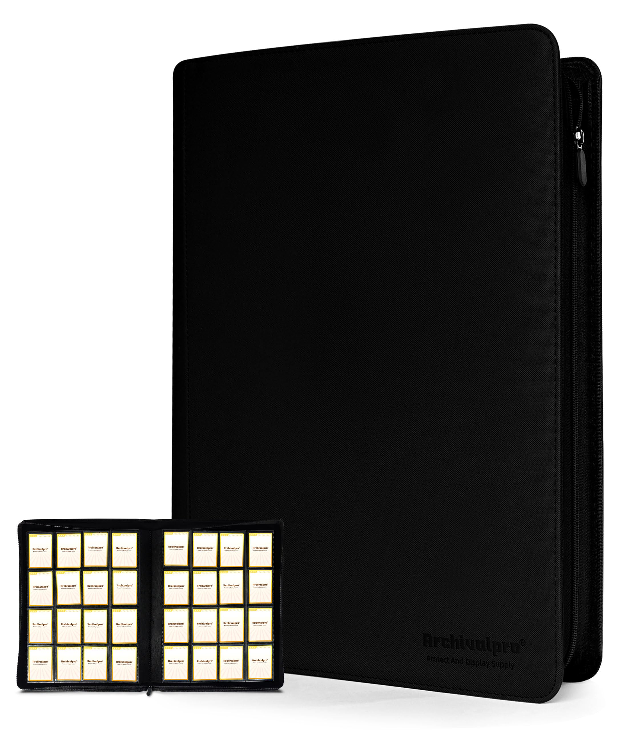 ARCHIVALPRO trading card binder with 16-pocket black cover showing organized cards and sleek design