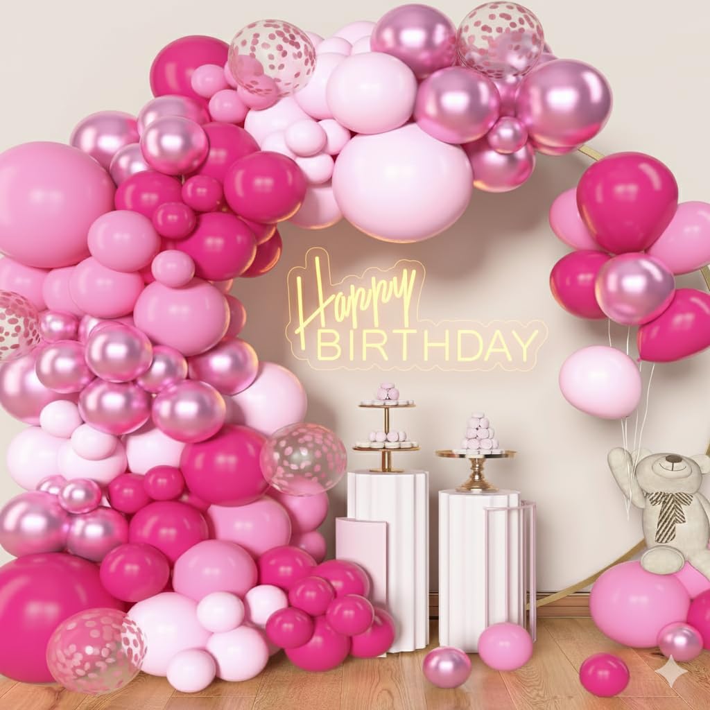Archloon pink balloon arch kit with hot pink balloons for a bold photo backdrop.