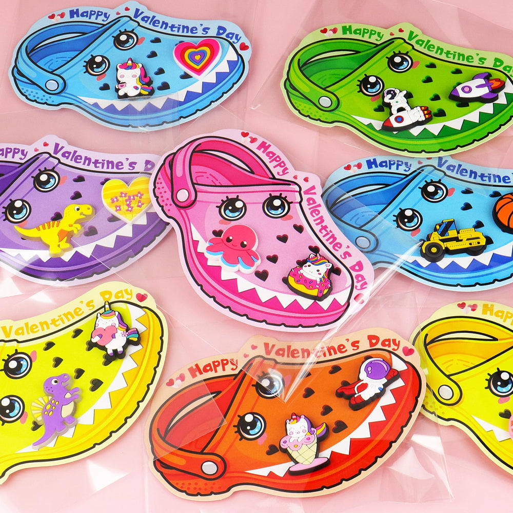 Arfun valentines cards with two pre-cut holes for shoe charm insertion.