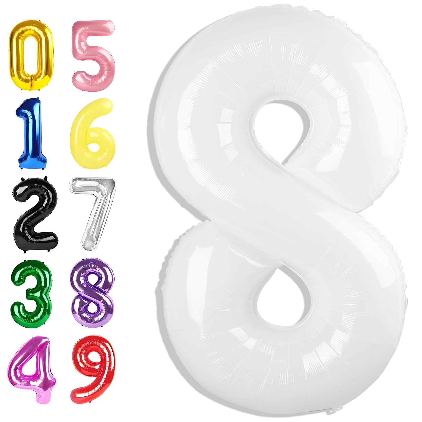 Argthjy 40-inch white number 8 foil balloon as a bold birthday focal point.