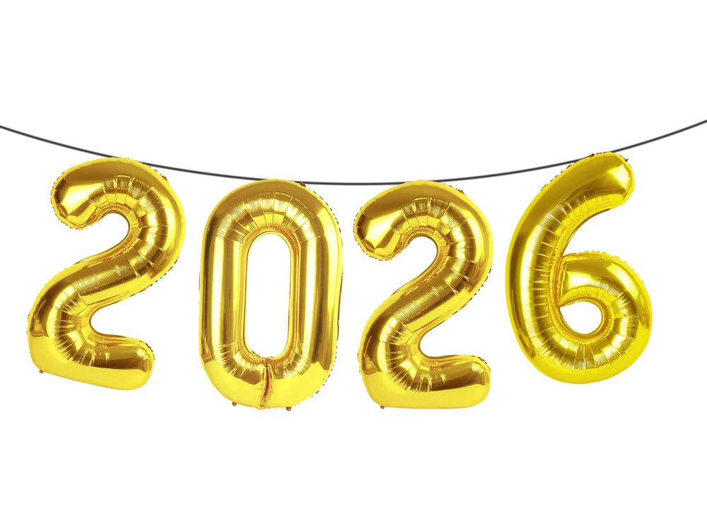 Argthjy gold 2026 40-inch balloons create a bold party backdrop.