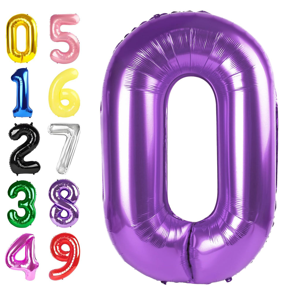Argthjy purple 40-inch number balloon front view for milestone backdrops.