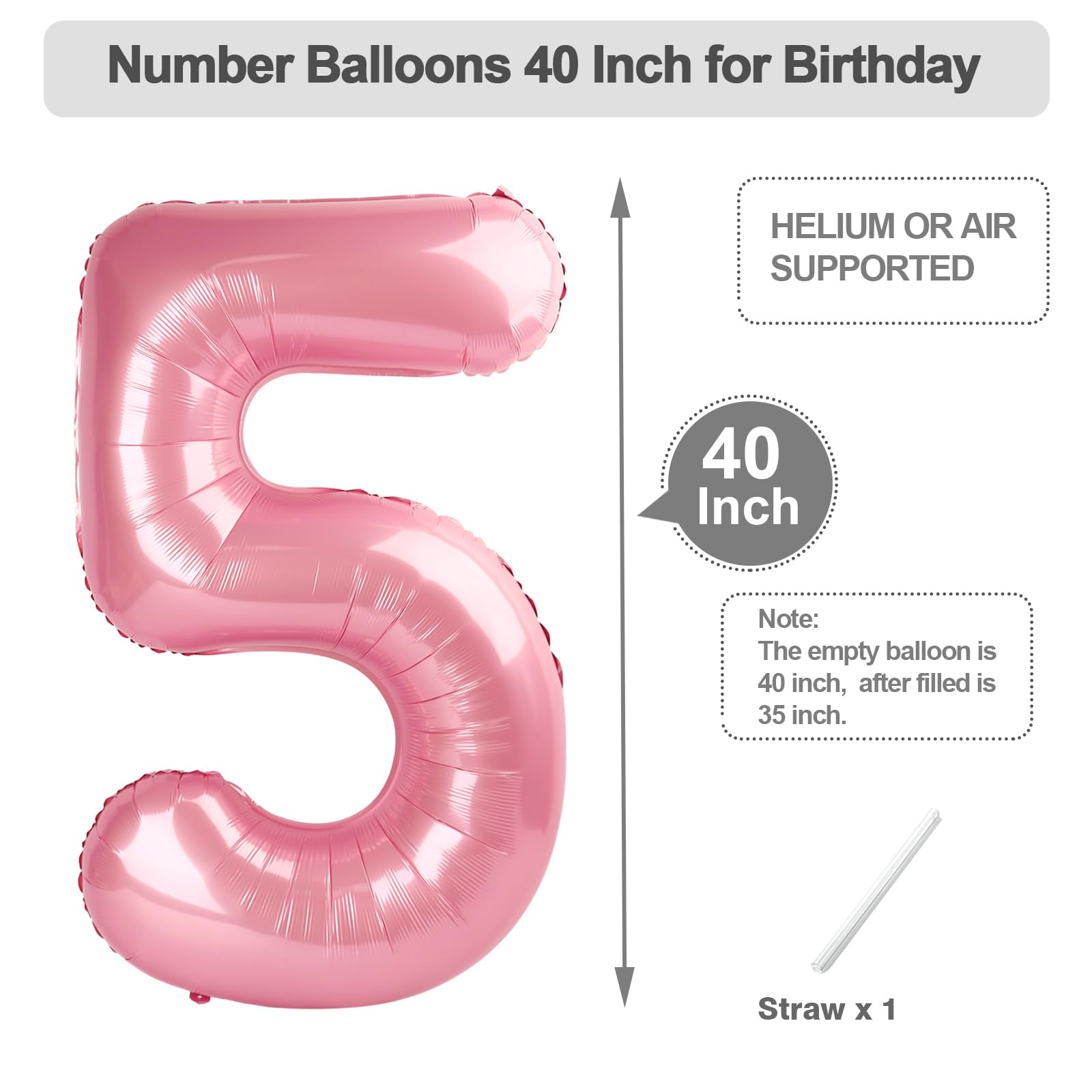 Argthjy wedding balloon number 5 40-inch pearl pink, elegant decor element.