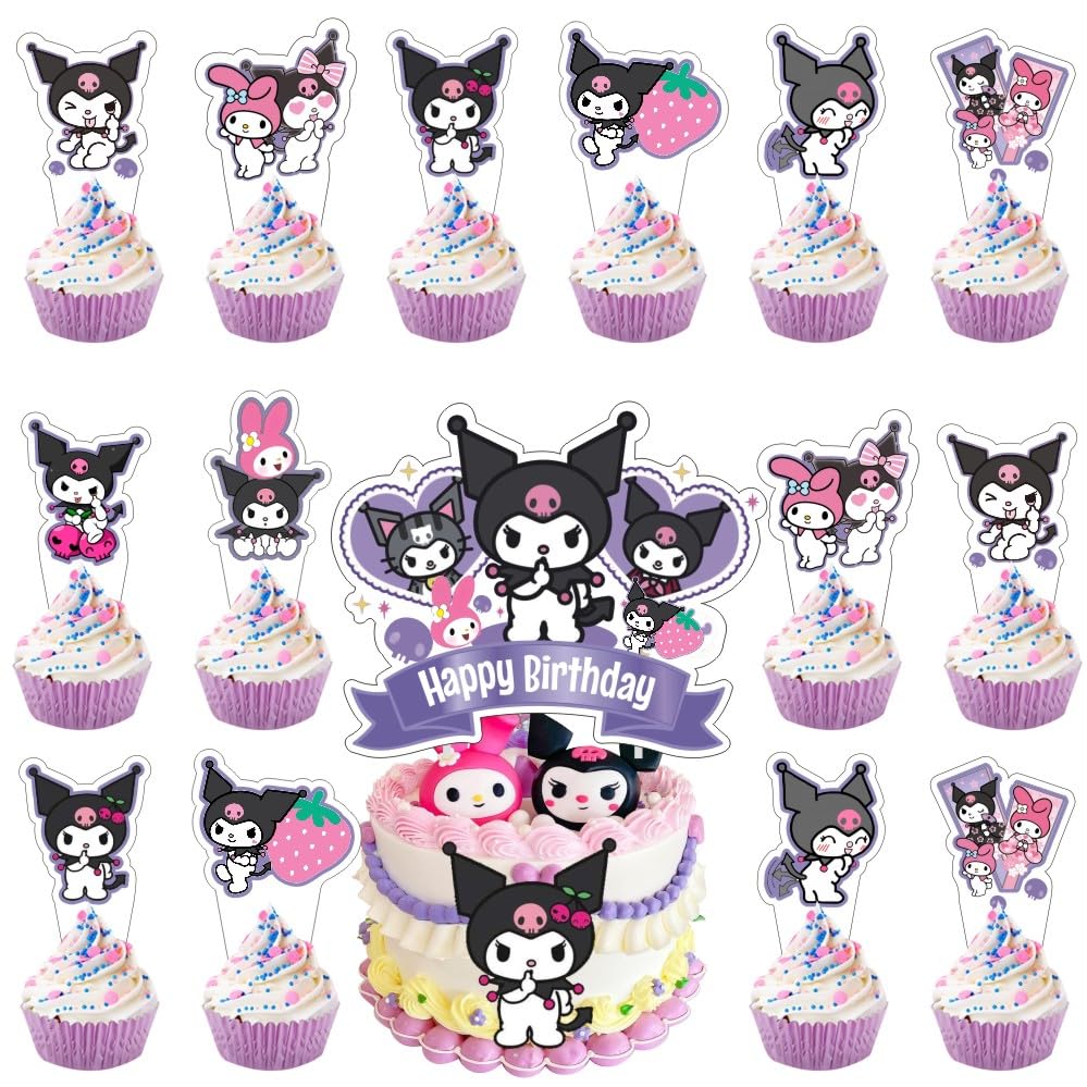 ARHAVI Kuromii 25pc cake topper set atop a cake for festive decoration