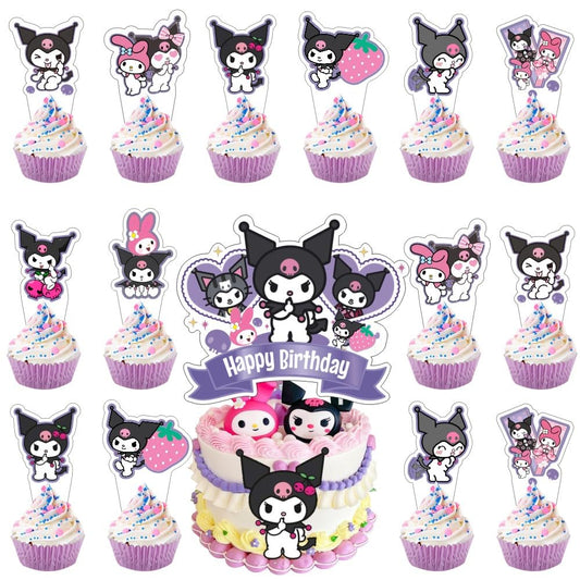 ARHAVI Kuromii 25pc cake topper set atop a cake for festive decoration