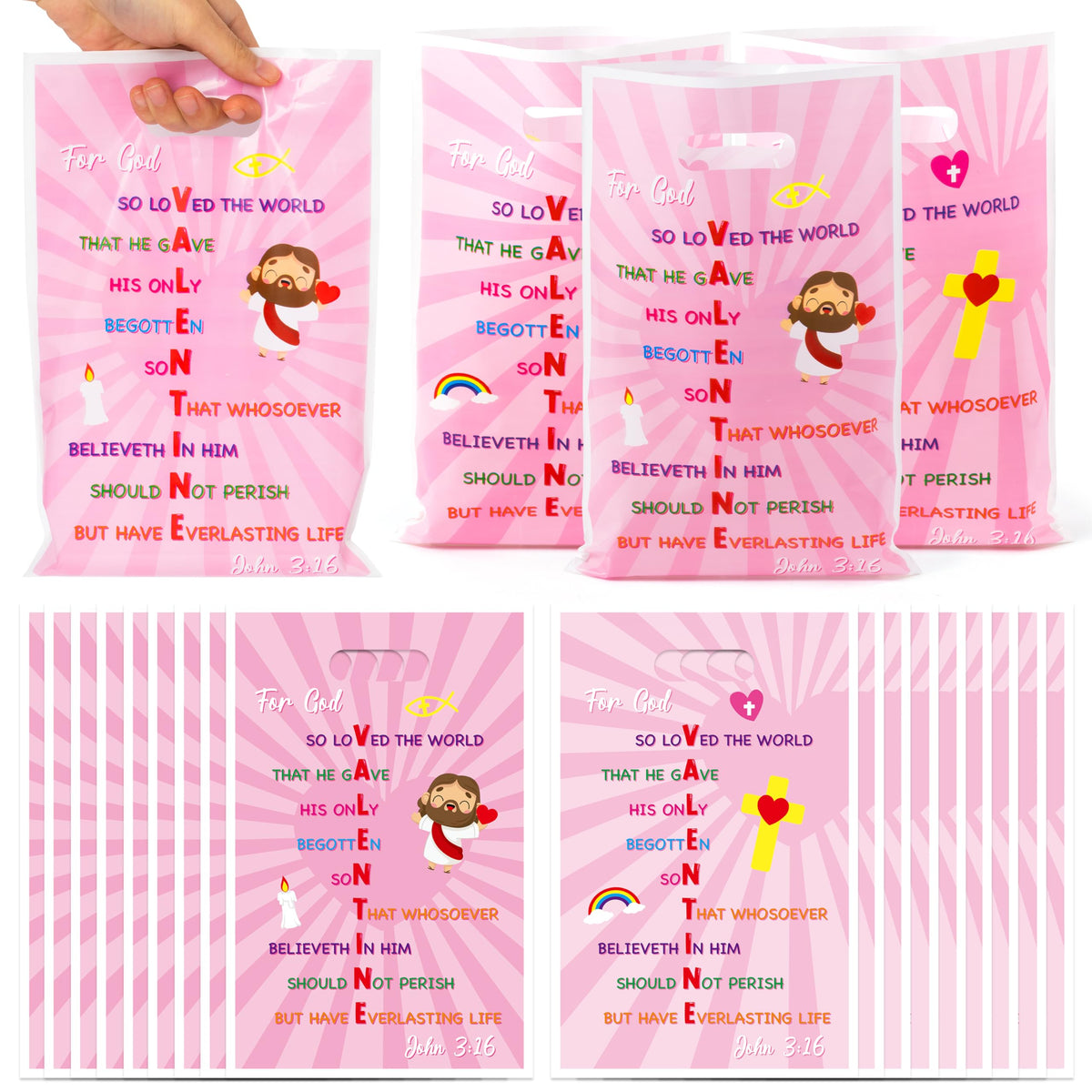 ArianQicult Valentine bag with pink cross design for faith-based party favors.