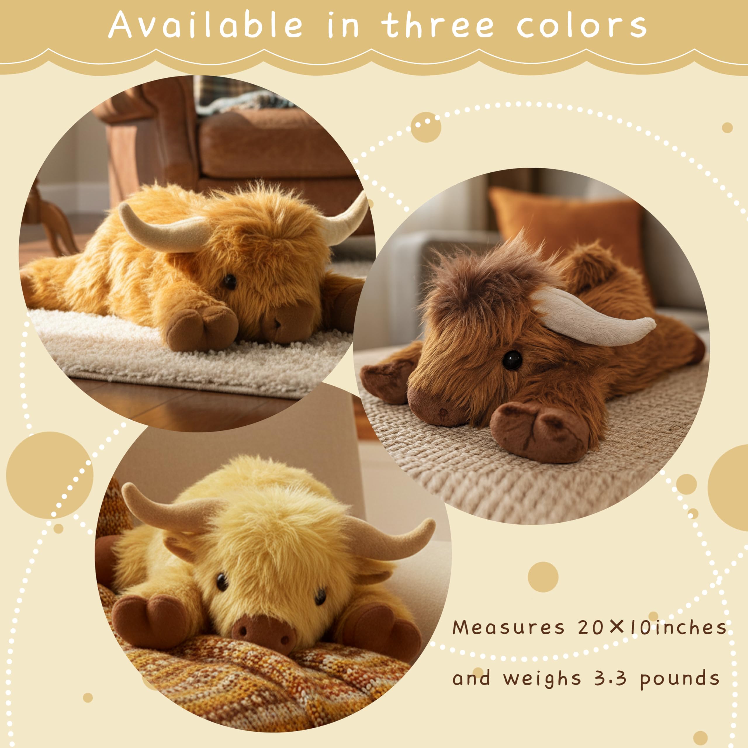 ARING PLUSH Highland Cow doubles as plush toy and cozy pillow for nurseries and beds.