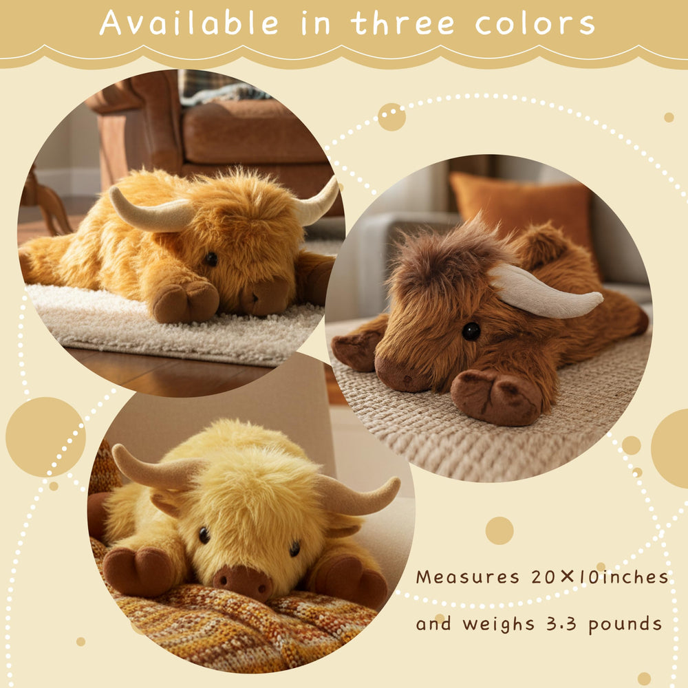 ARING PLUSH Highland Cow doubles as plush toy and cozy pillow for nurseries and beds.