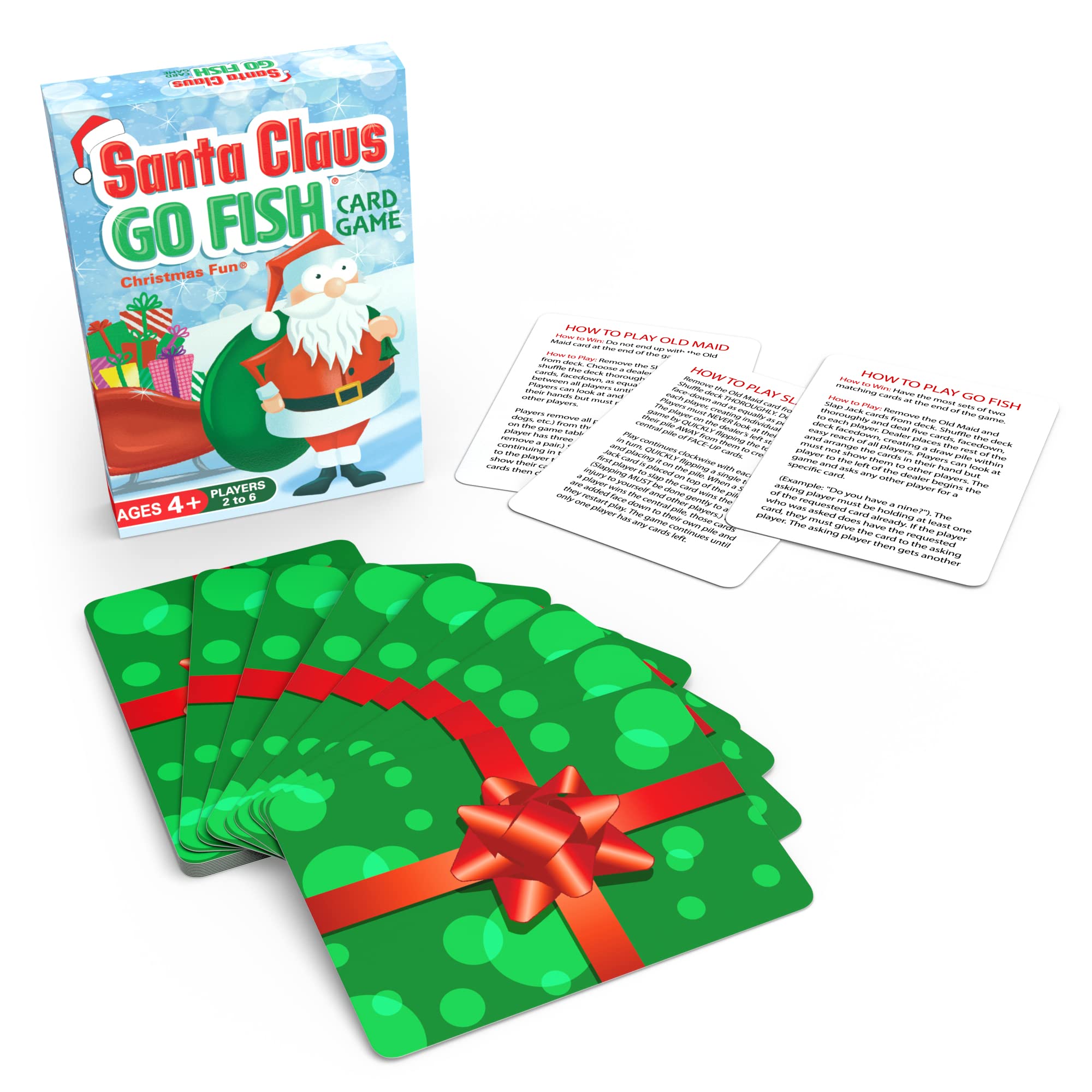 Arizona GameCo Go Fish Old Maid Slap Jack cards with bright Christmas images for kids at home.