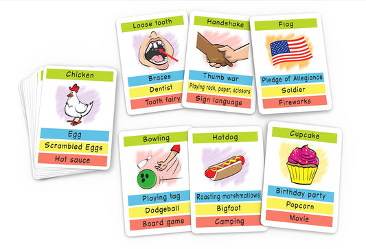 Close-up of Pocket Fun Charades cards showing two prompts for quick acting.