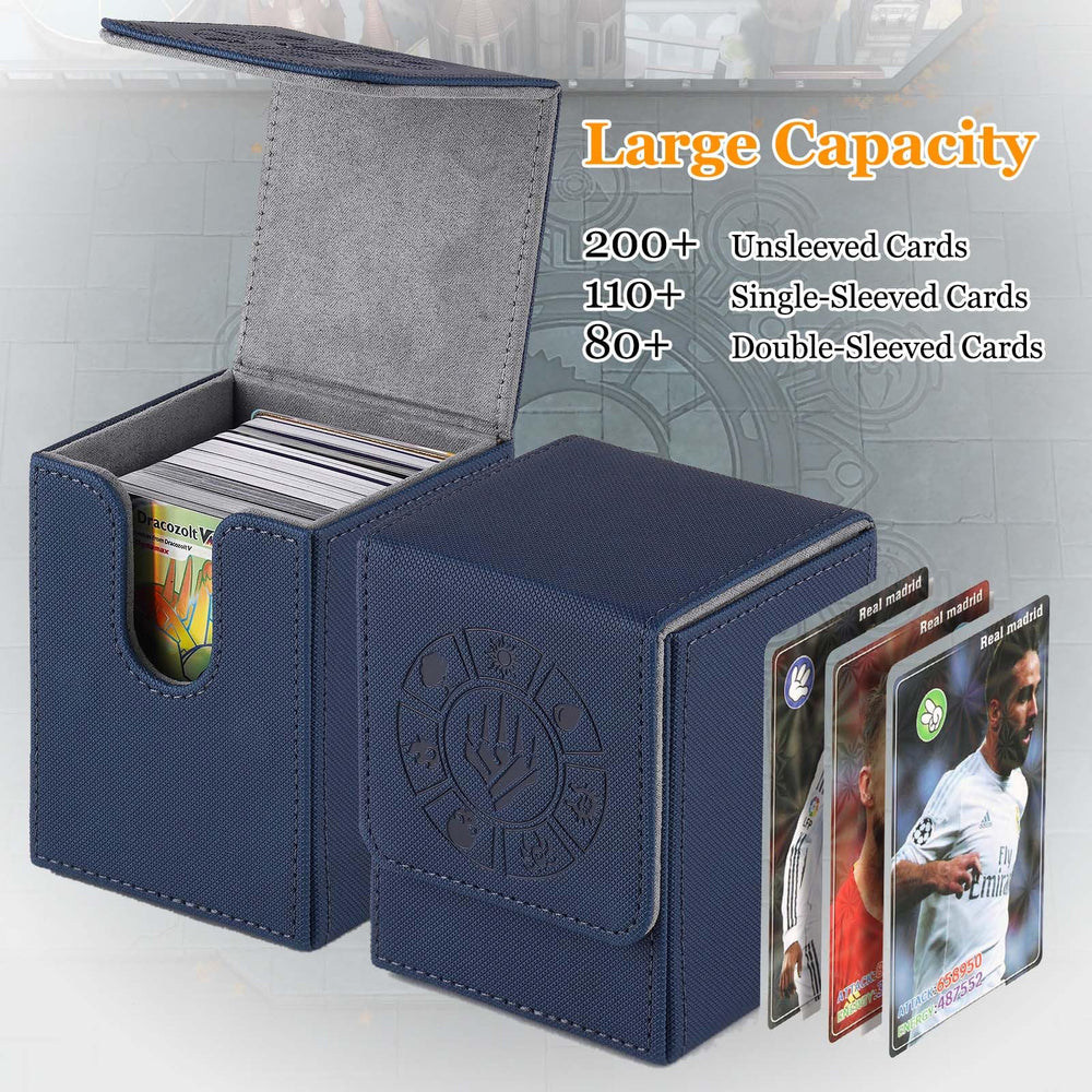 Arkeiliy blue deck box open showing 200+ unsleeved card capacity.