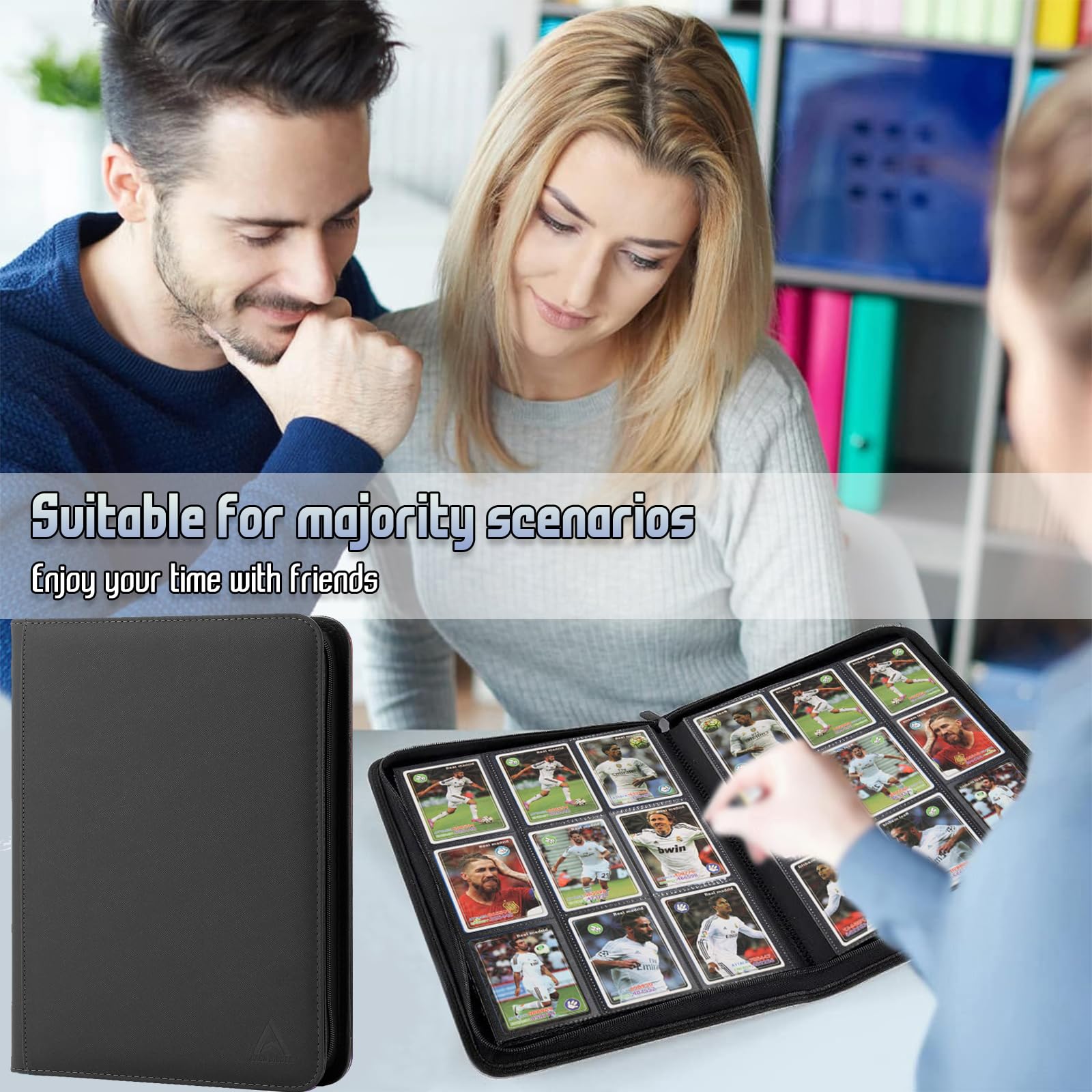 Arkeiliy binder with side pockets for rapid card removal and viewing.