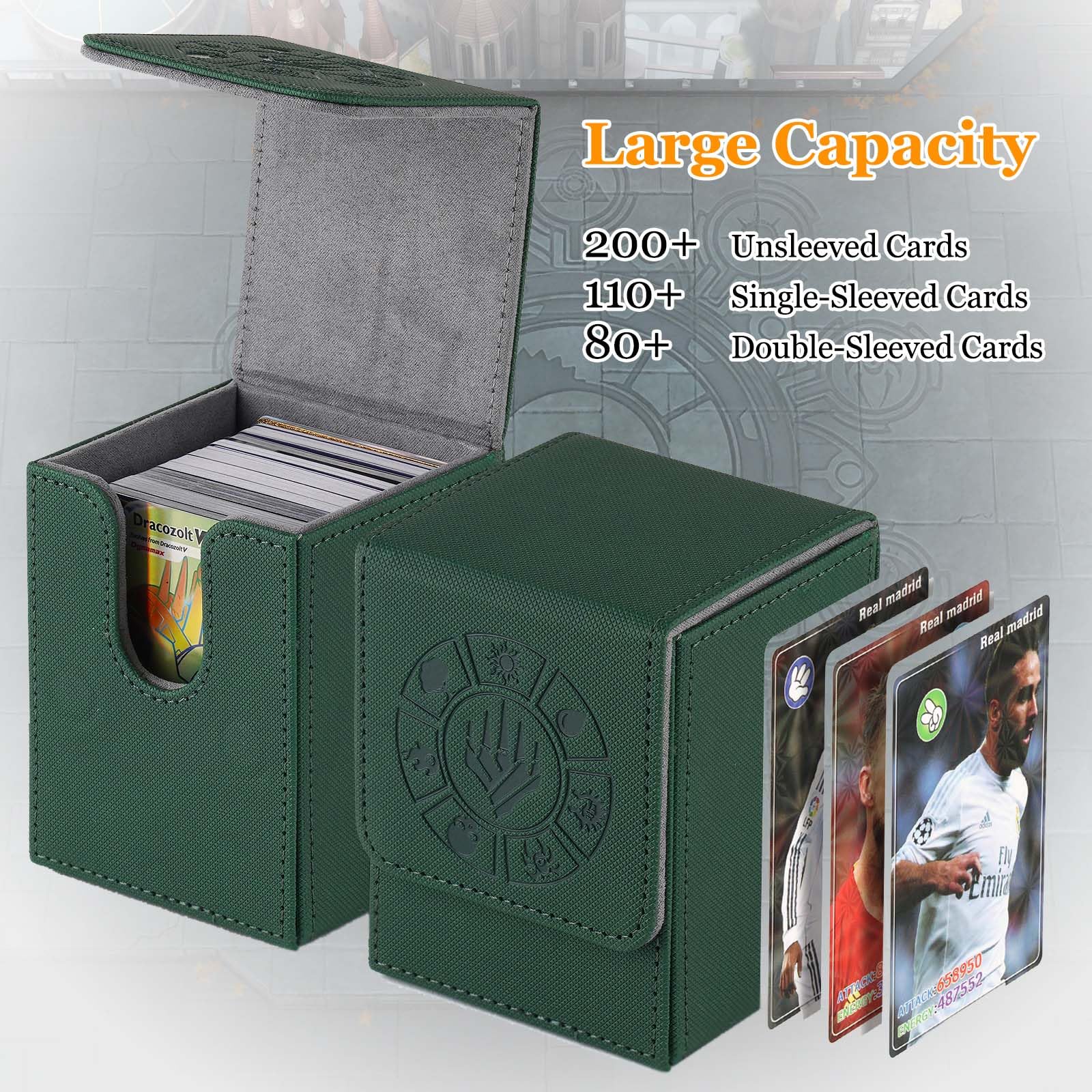 Arkeiliy green deck box holds 200+ unsleeved cards for versatile setups