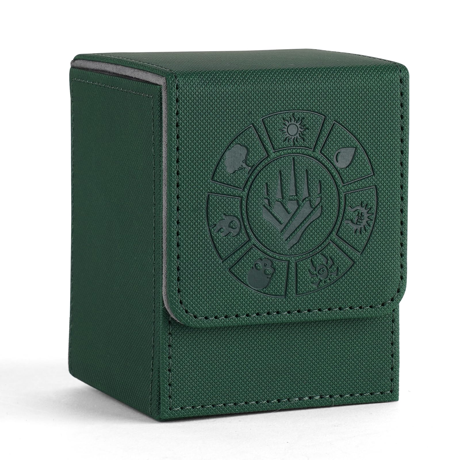 Arkeiliy green card deck box, front open for quick deck access during games