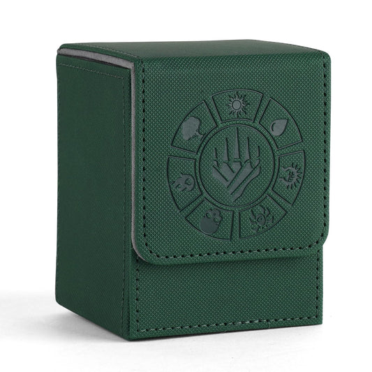 Arkeiliy green card deck box, front open for quick deck access during games