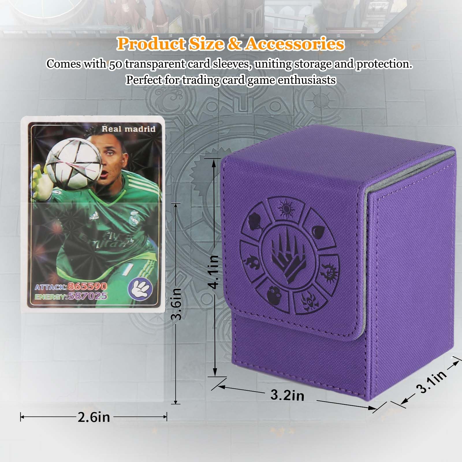 Arkeiliy purple deck box with 50 sleeves included for immediate setup