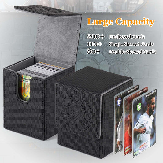 Arkeiliy deck box shows 150+ card capacity for easy organization.