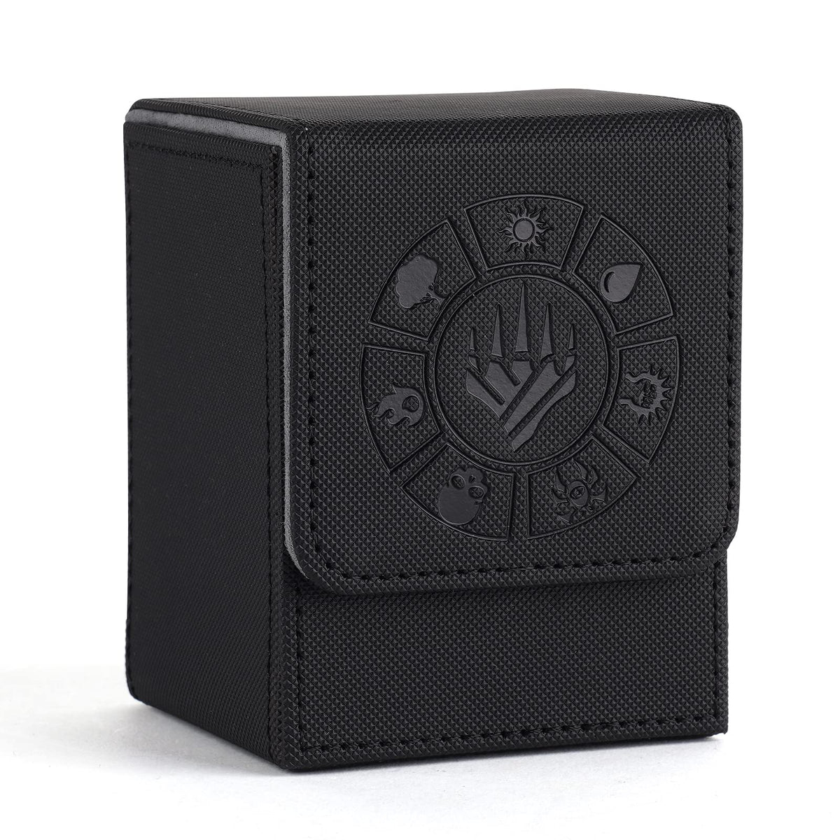 Arkeiliy deck box in black, front view showing sleek protective design for card storage