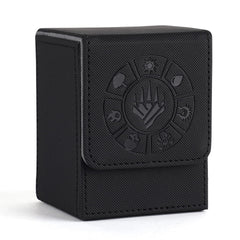 Arkeiliy deck box in black, front view showing sleek protective design for card storage