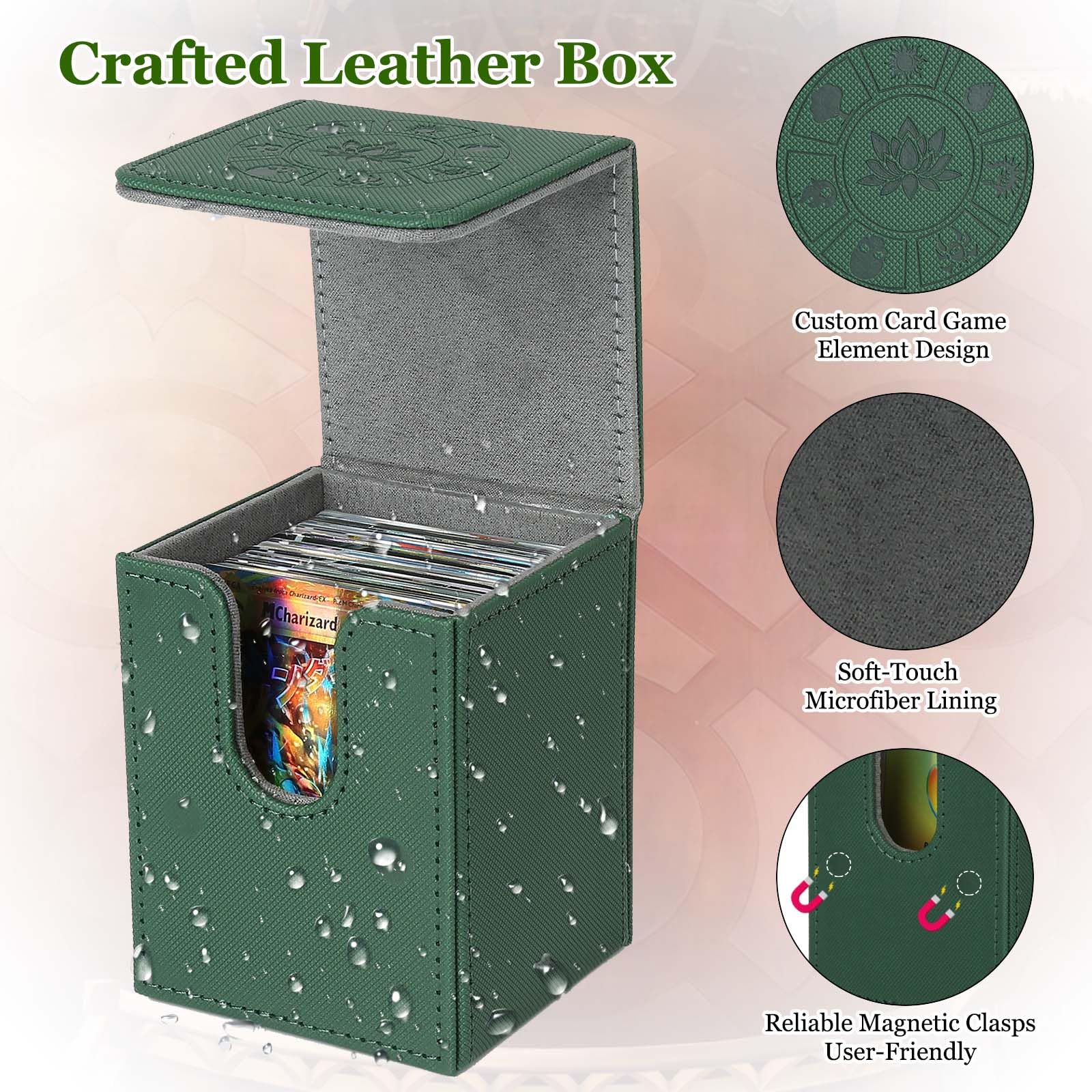 Arkeiliy deck box leather green capacity demo highlights room for 110+ single-sleeved cards.