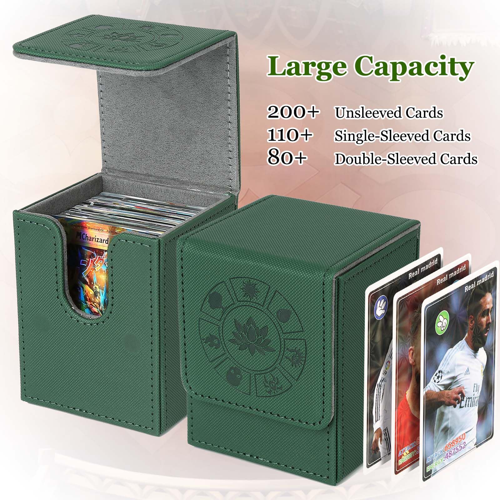 Arkeiliy deck box leather green inside with sleeve demonstrates organized game-ready storage.