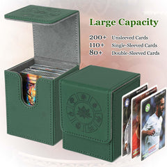 Arkeiliy deck box leather green inside with sleeve demonstrates organized game-ready storage.