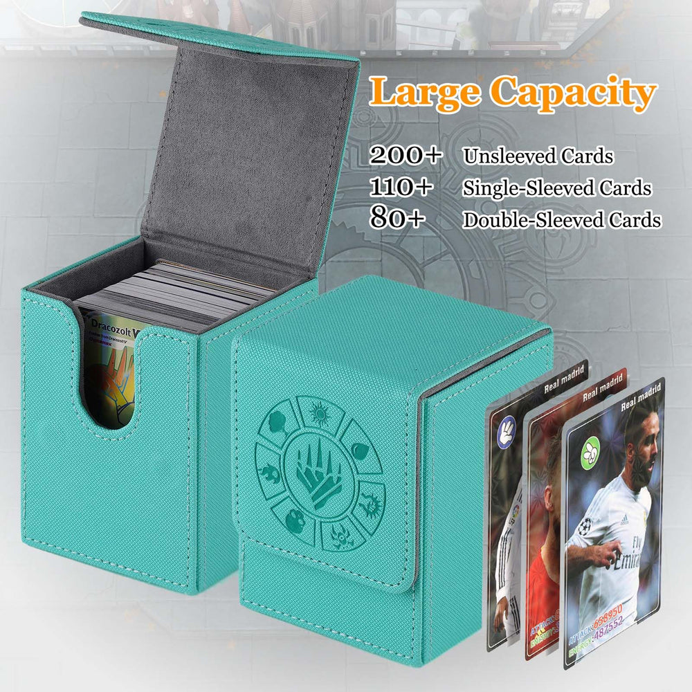 Arkeiliy turquoise deck box interior displaying organized card slots.