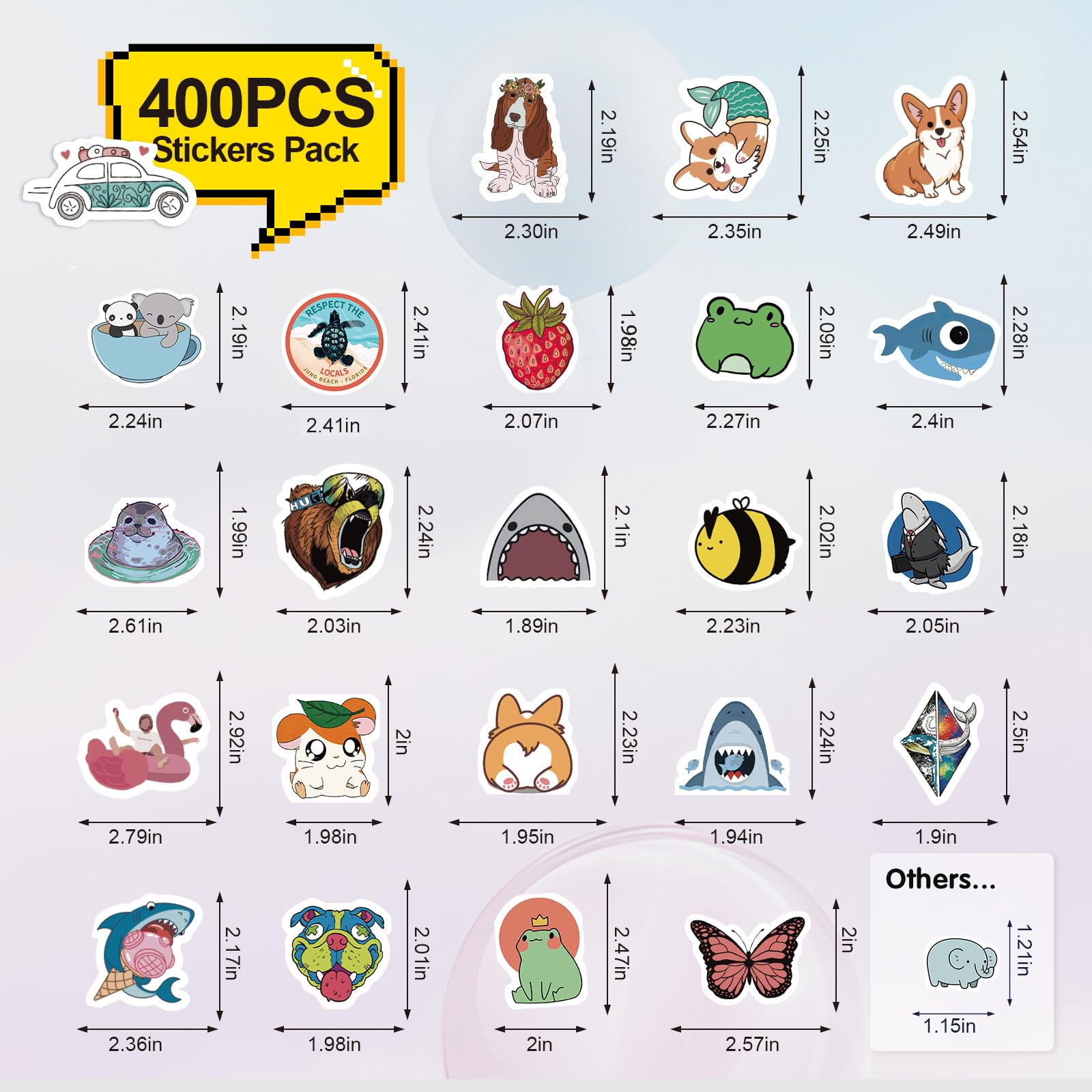 Arme cute animal stickers on notebook; bright colors spark creativity.