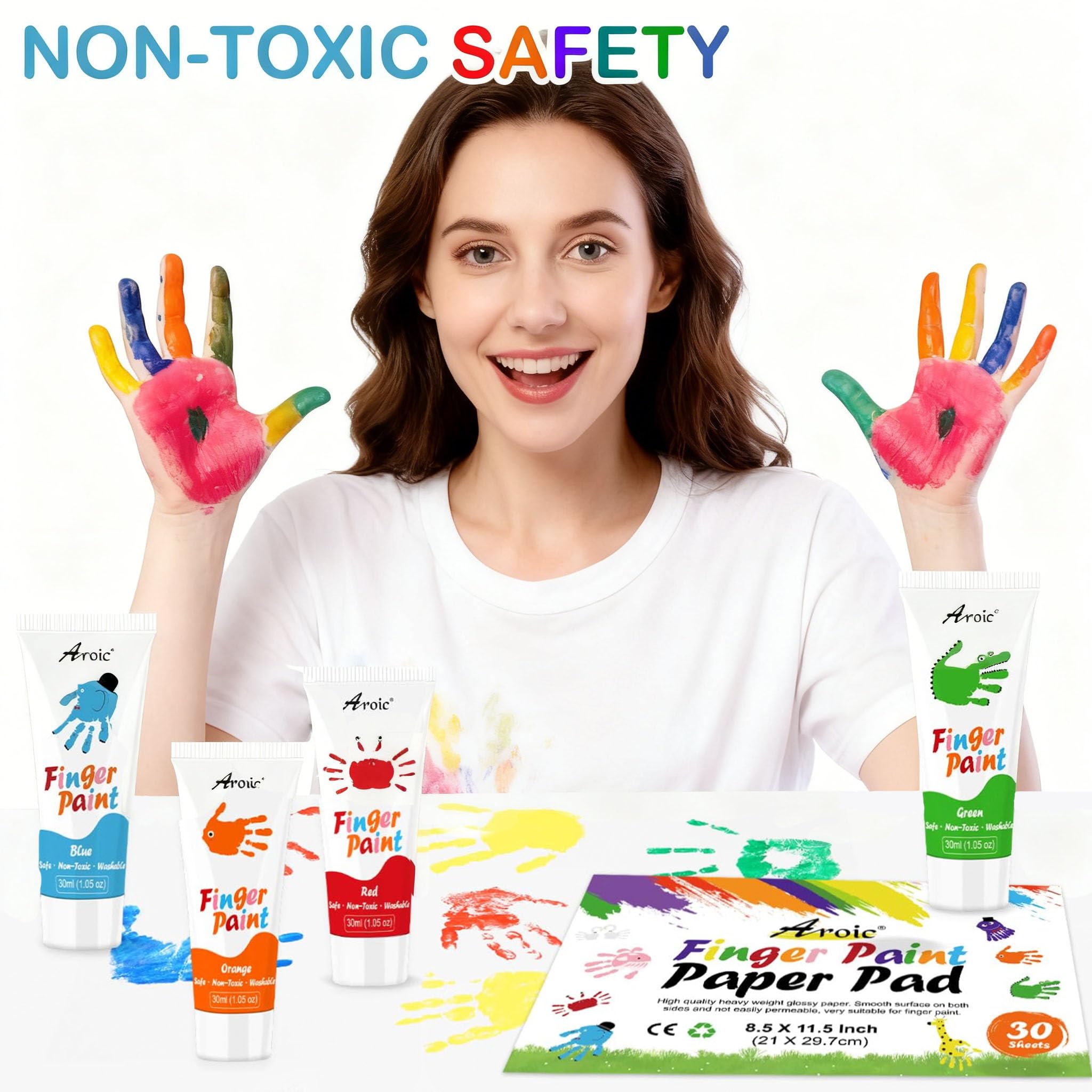 AROIC finger paint set on paper showing vibrant doodles and minimal mess