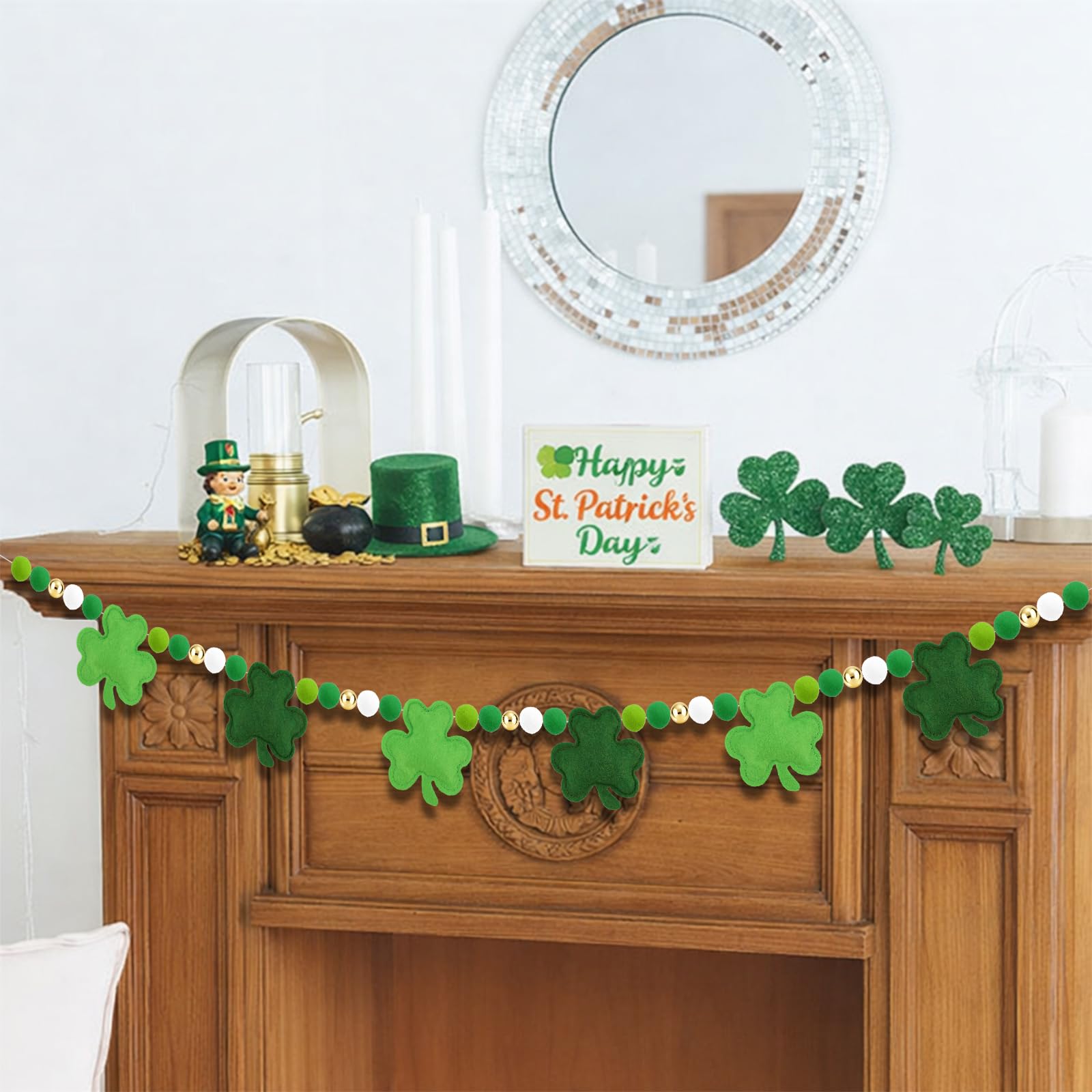 Arosche gold bead accents elevate St Patrick's Day display.