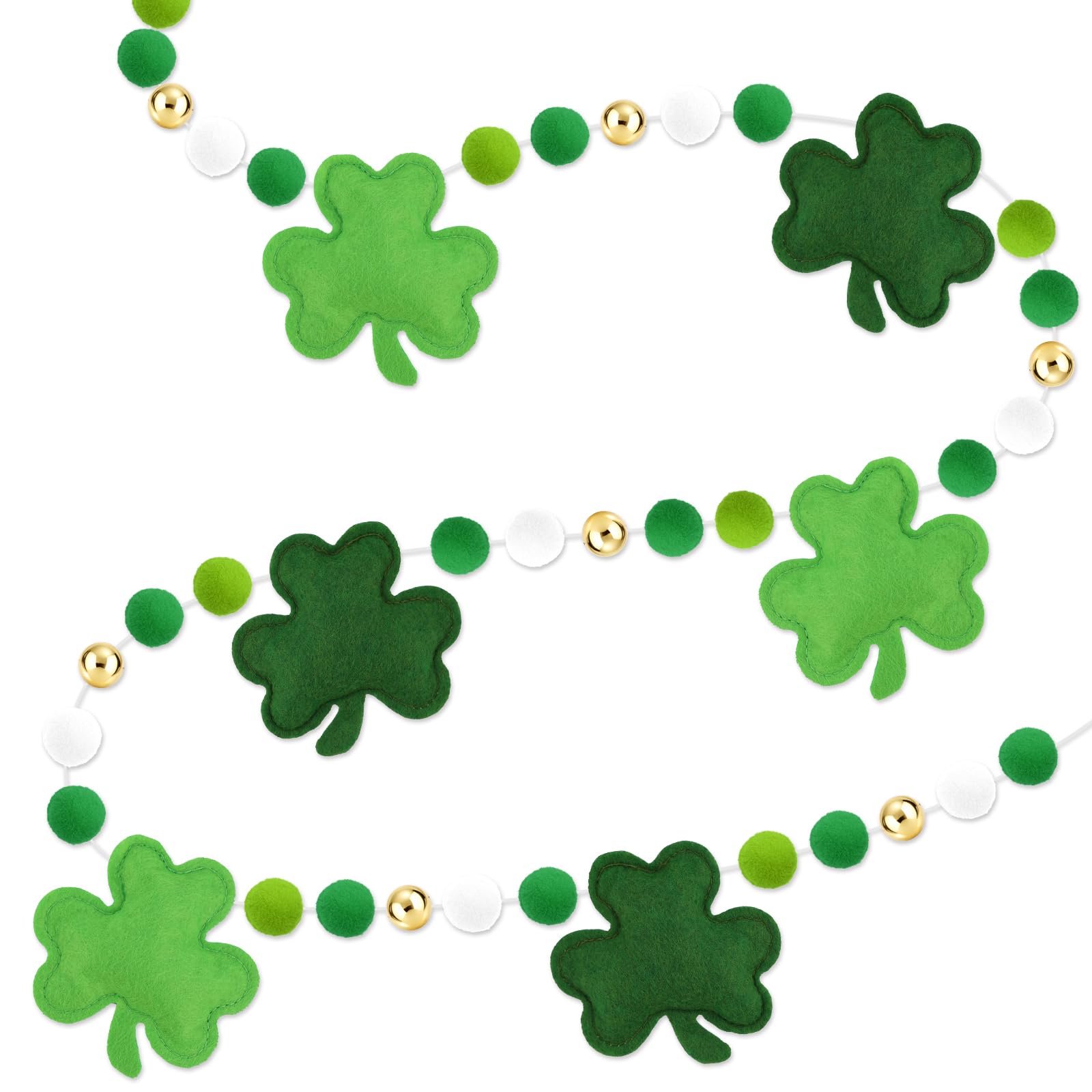 Arosche St Patrick's pompoms shamrock banner on mantel for festive centerpiece.