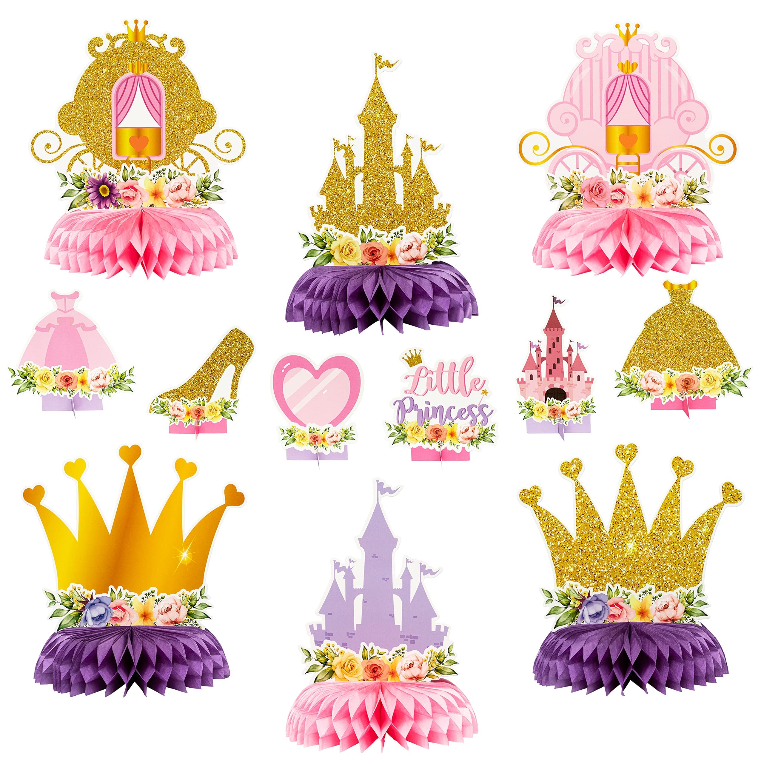 ArowlWesh 12Pcs floral princess honeycomb centerpieces with pink and gold castle design for tables