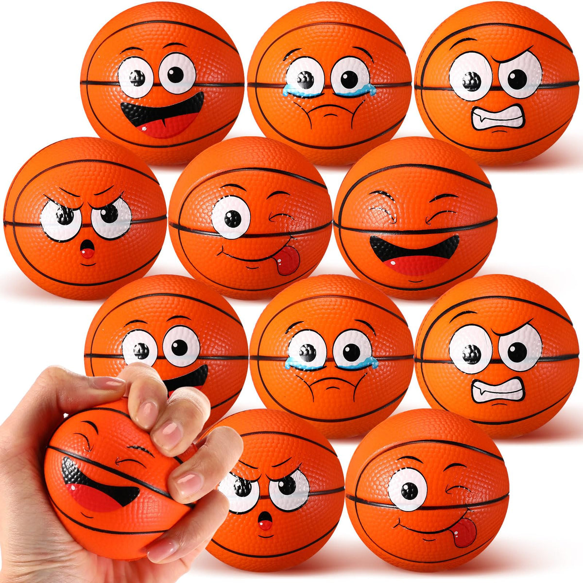 Arrowbash basketball stress ball with a happy face for quick stress relief on the go.