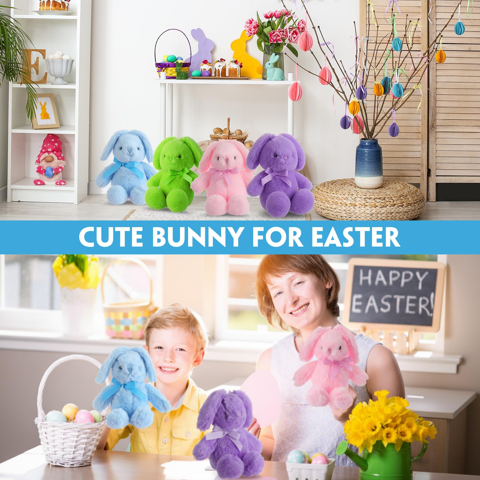 Arrowbash Easter bunny plush decor suitable for baskets and shelves.
