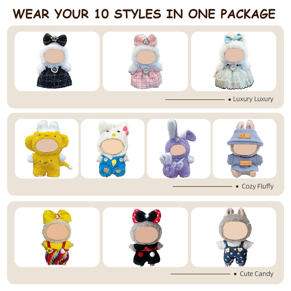 Arsfit 17cm Labubu doll set with overalls and hat for easy dressing.