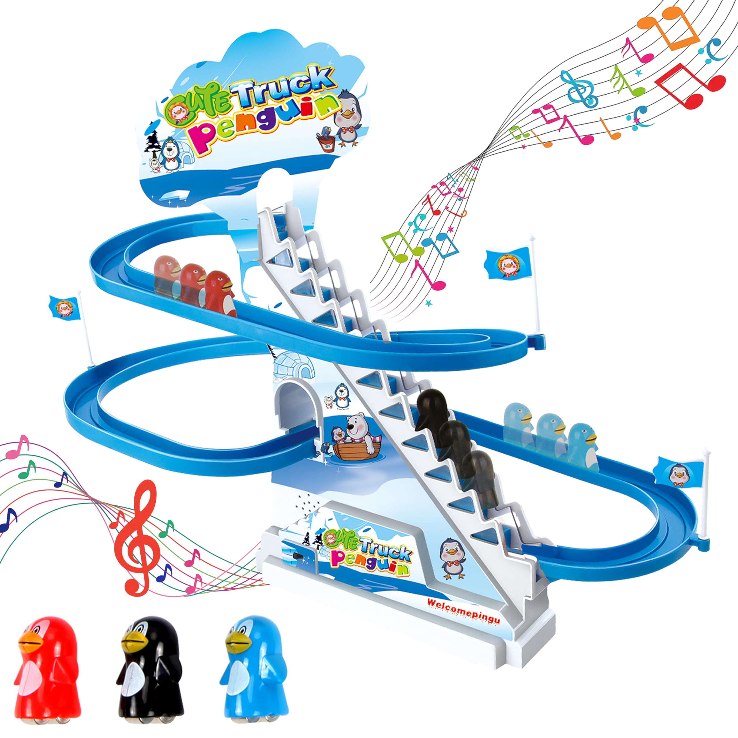 ARSUK Penguin Race Track—colorful roller coaster for engaging toddler playtime.