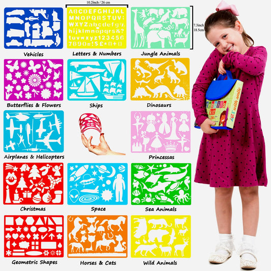 Art with smile 14 themed stencil sheets with 300 shapes to inspire playful drawing.