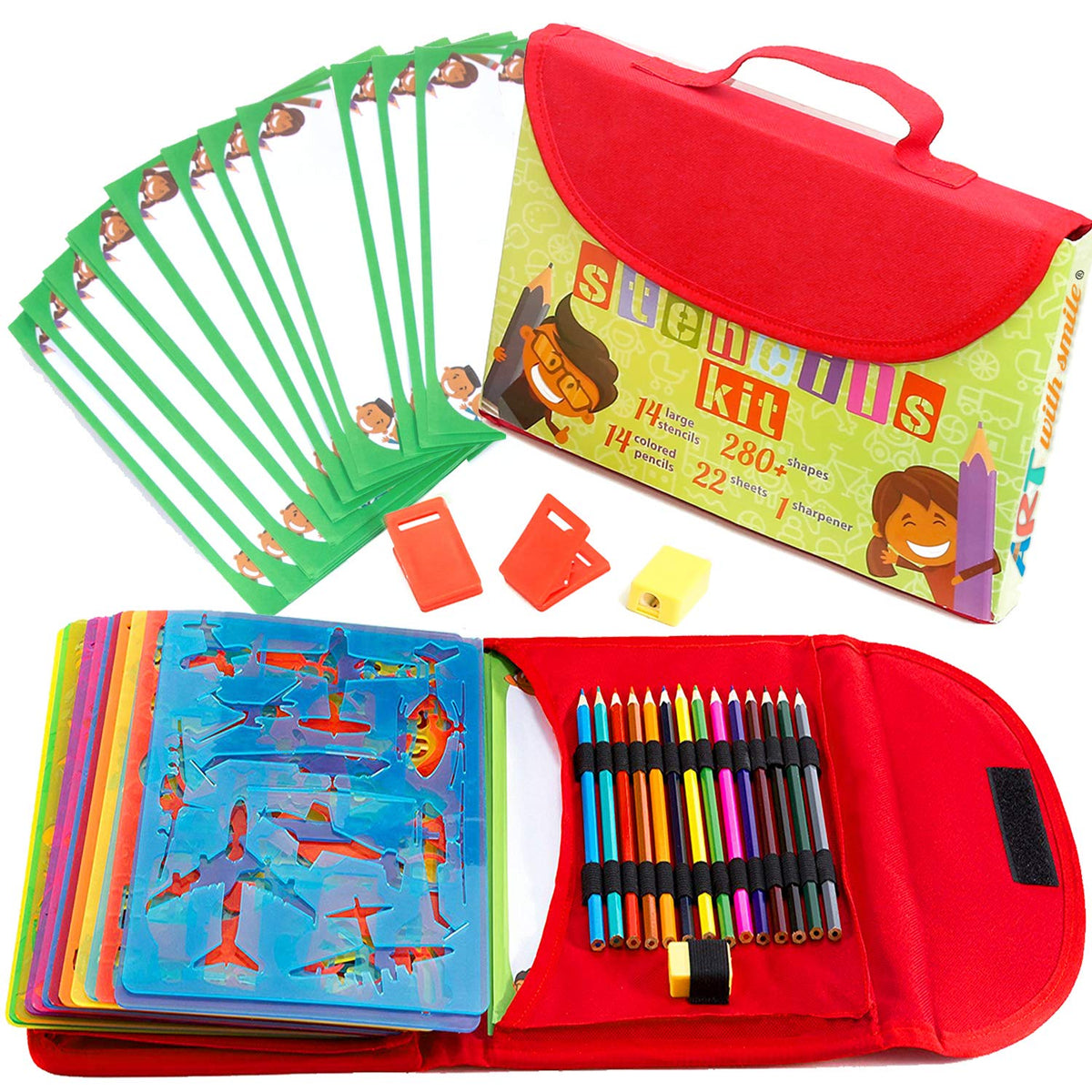 Art with Smile drawing stencils kit carry case open, inviting kids to start creative projects on the go.