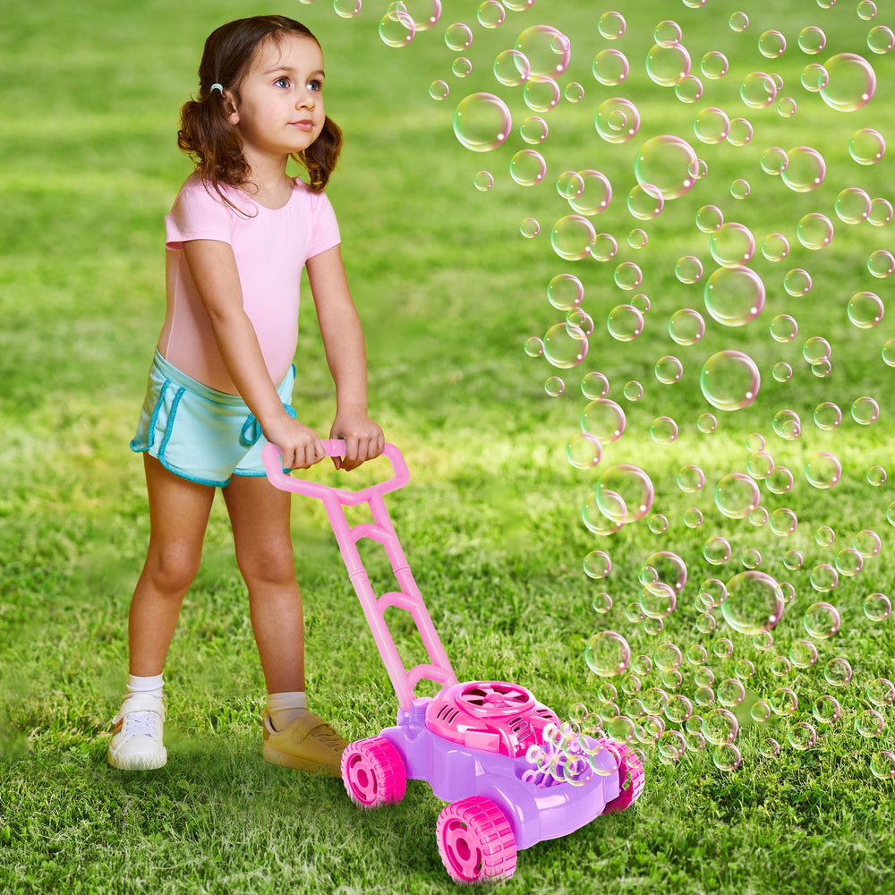 Bubble spray swirls as children push the mower for bubbly fun outdoors.