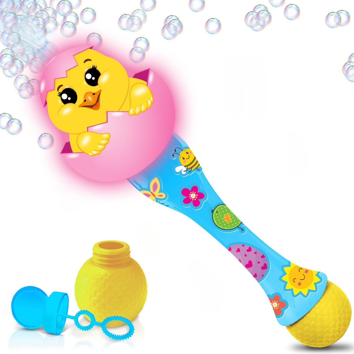 ArtCreativity Easter Chick Bubble Wand front view with bubbles for toddlers.