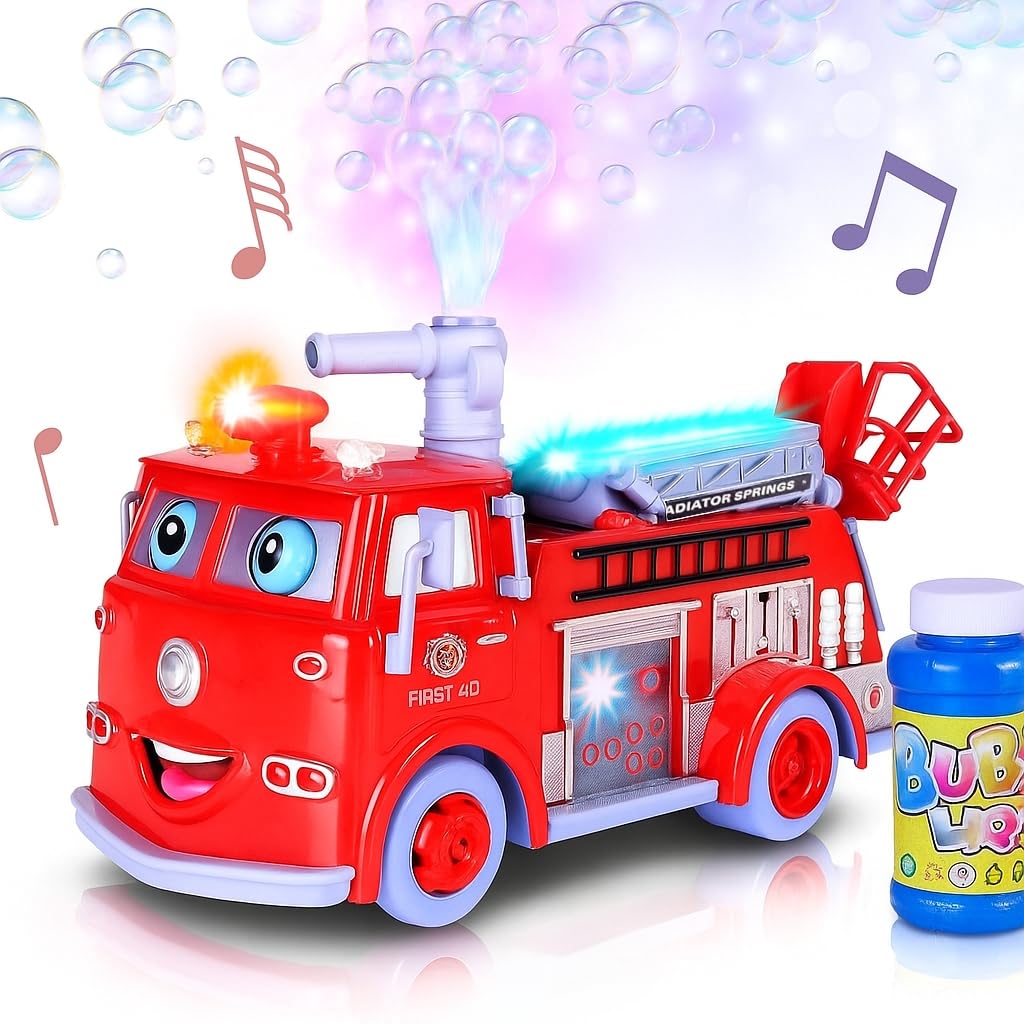 ArtCreativity fire truck bubble machine producing lively bubbles for outdoor play