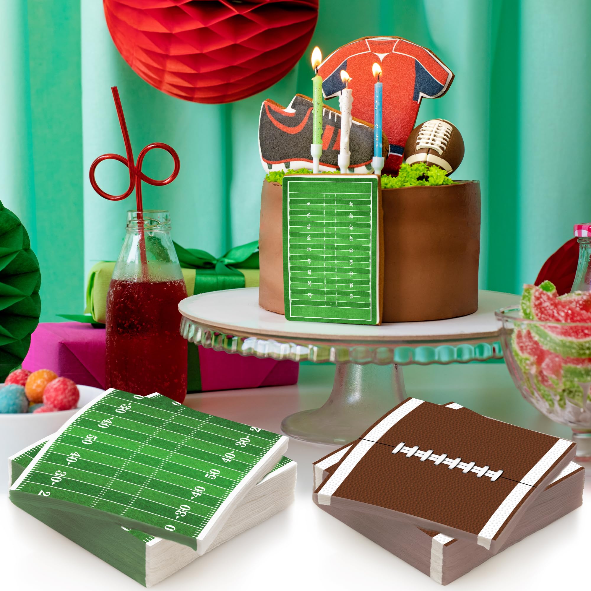 ArtCreativity football-party-decor-napkins coordinate with plates, banners, and tablecloths.