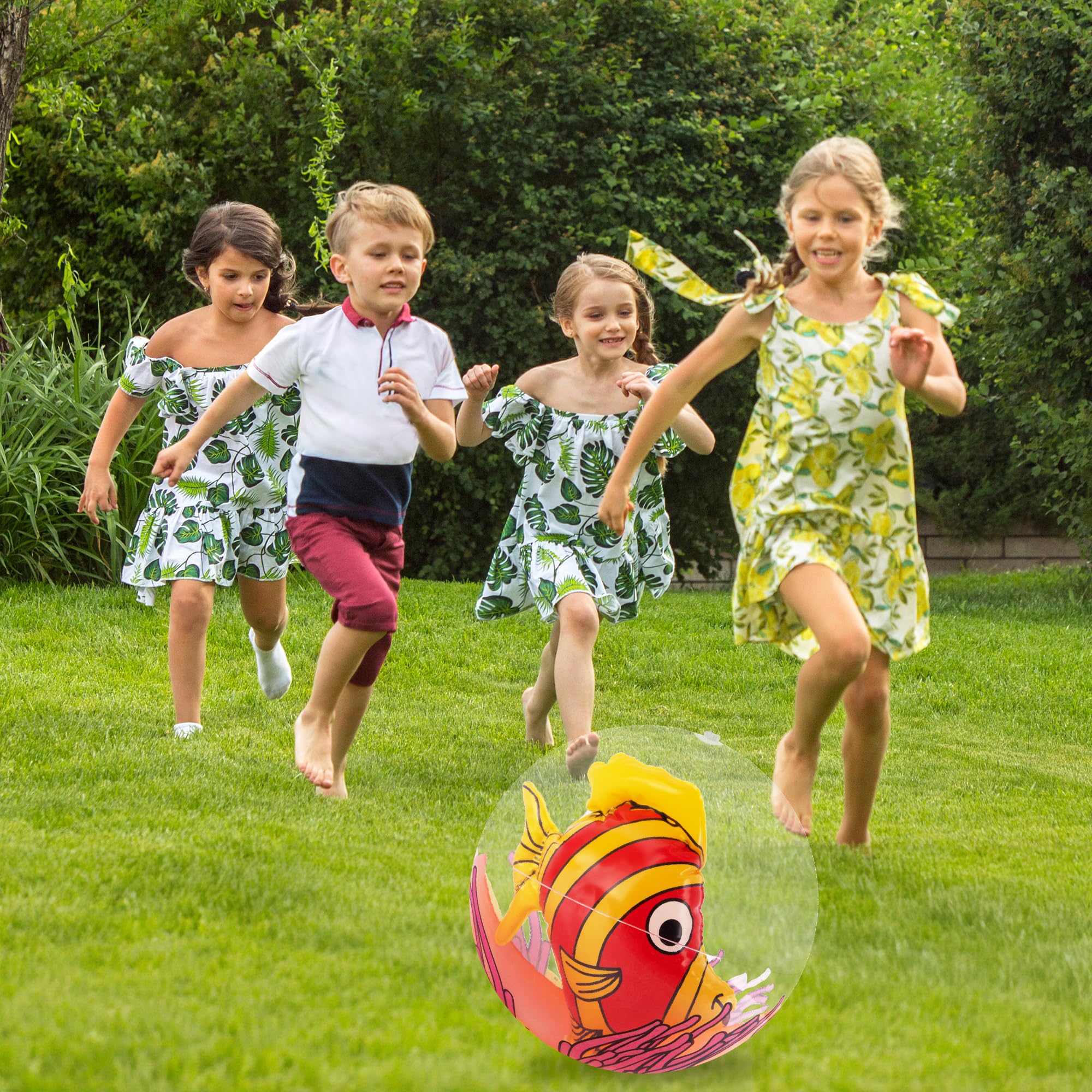 ArtCreativity inflatable pool toy fish ball, clear exterior and colorful interior for water play.