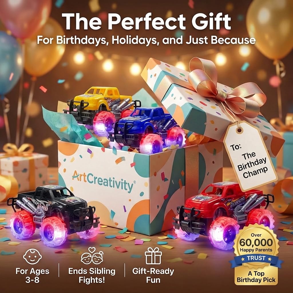 ArtCreativity light-up monster trucks four-pack ready for cooperative play.