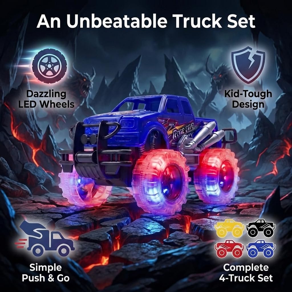 ArtCreativity light-up monster trucks with illuminated wheels for dynamic play.