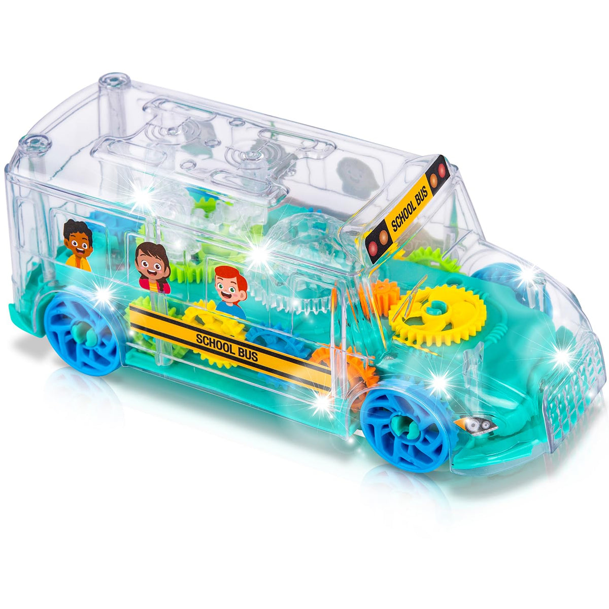 ArtCreativity light-up school bus toy with gear-spinning visuals boosts toddler engagement during play.
