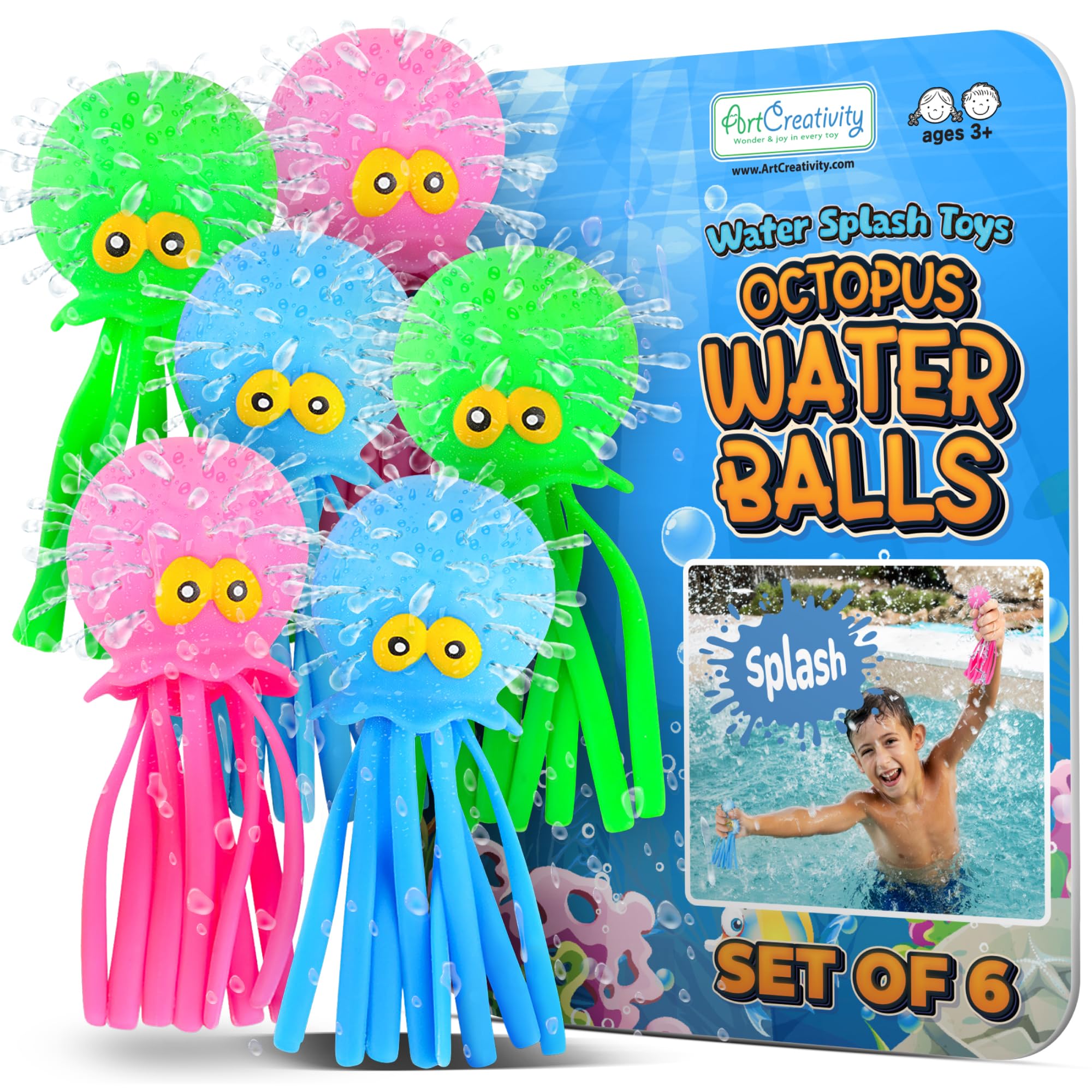 ArtCreativity Octopus Water Balls pack: six squirting bath and pool toys for kids' water play.