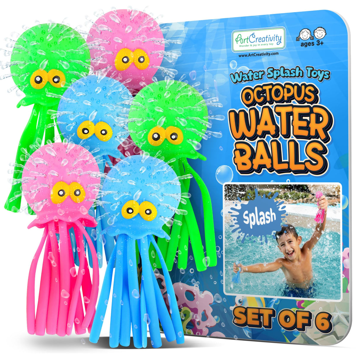 ArtCreativity Octopus Water Balls pack: six squirting bath and pool toys for kids' water play.
