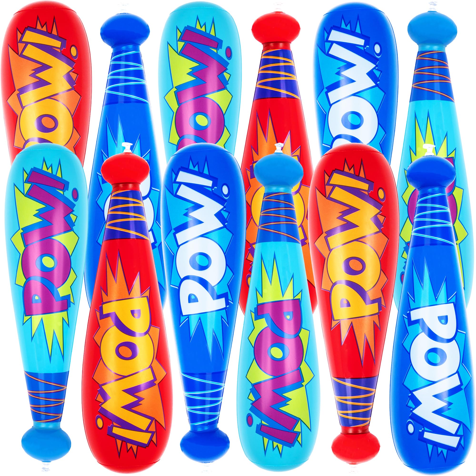 ArtCreativity Pow inflatable baseball bats in red, blue, and light blue for party favors.